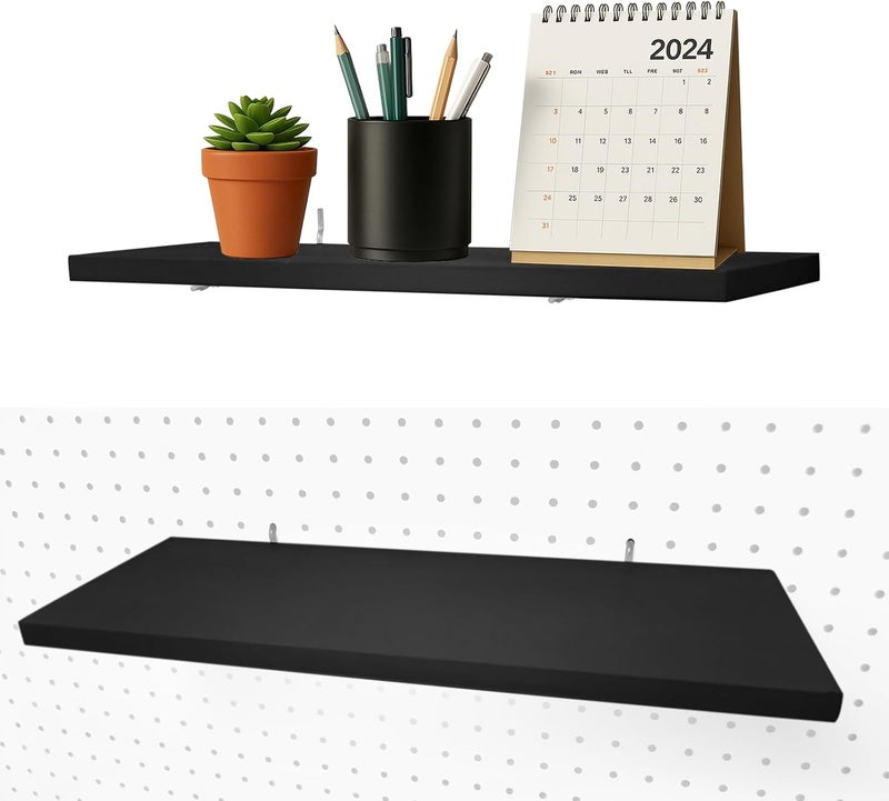 WOWKIT Pegboard Shelves, 16" x 6" Large Peg Board Racks 2Pack Wall Organizer Shelf, 1/4inch Heavy Duty Metal Brackets Fit All Pegboards, Wood Slats, Craft Garage Workbench Office Shelving Accessories (Black) - Image 1